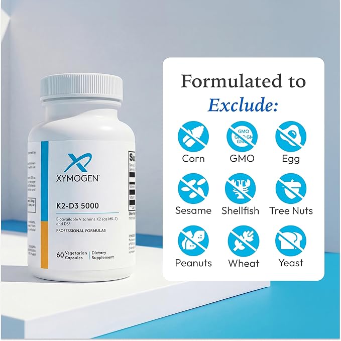 XYMOGEN K2-D3 5000 - Vitamin D3 K2 Supplement for Immune Bone &amp Cardiovascular Support* - Non-GMO Gluten Free Vegetarian - 60 Capsules