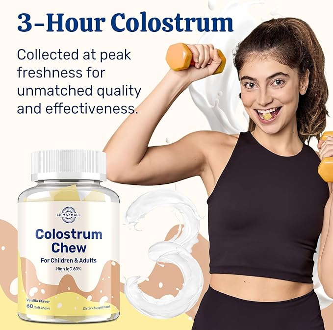 Bovine Colostrum Chews Supplement with 60% IgG for Humans Women Men Kids- for Immune Gut Bone Joint Cognitive Overall Growth from Grass-Fed Cows &amp Vanilla Flavor 60 Soft Chews (2 Bottles)