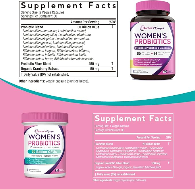 Doctor's Recipes Women's Probiotics Bundle Feminine Health and GI Support No Gluten Pro 50 Billion (60 Capsules) &amp 70 Billion (30 Capsules)