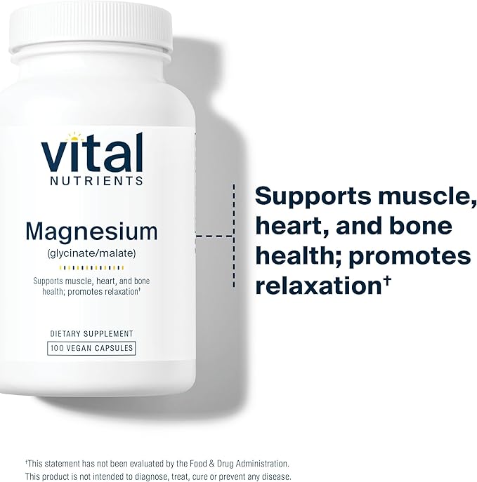 Vital Nutrients Magnesium Glycinate + Malate - 120mg Vegan Magnesium Supplement for Women and Men - Muscle Heart Bone Support* - Promotes Relaxation - Gluten Dairy and Soy Free - 100 Capsules