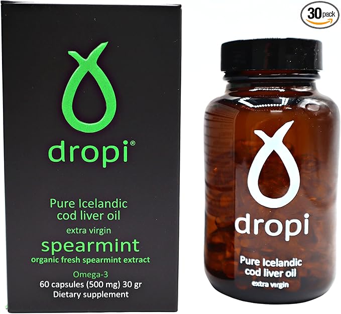 Dropi Pure Icelandic Cod Liver Oil Capsules - Extra Virgin - Organic Fresh Spearmint Extract - Cod Liver Oil Softgels Naturally Rich in Super Omega 3 Fatty Acids Vitamin A Vitamin D - 60 Ct (500mg)
