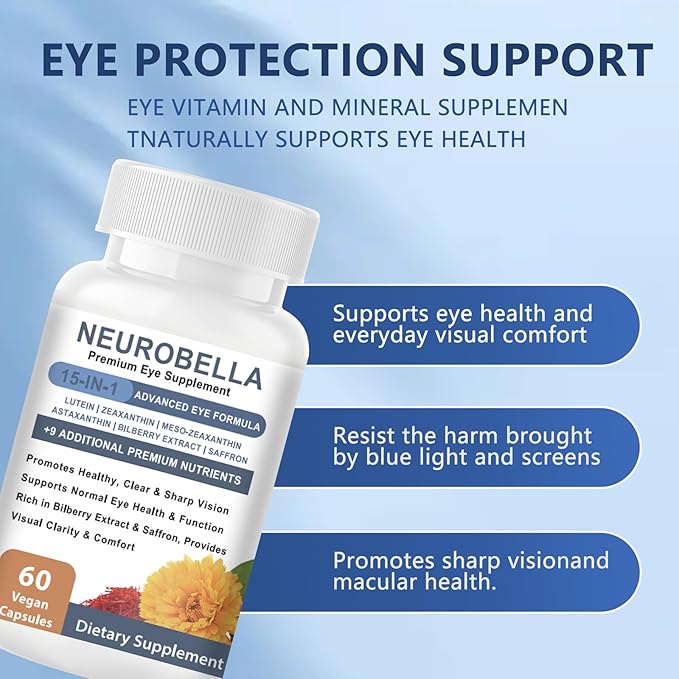 Neurobella Eye Formula 15-in-1 Eye Nutritional Support Capsules - Containing carotenoids (Lutein zeaxanthin etc.)Bilberry Extract and Saffron 60 Capsules