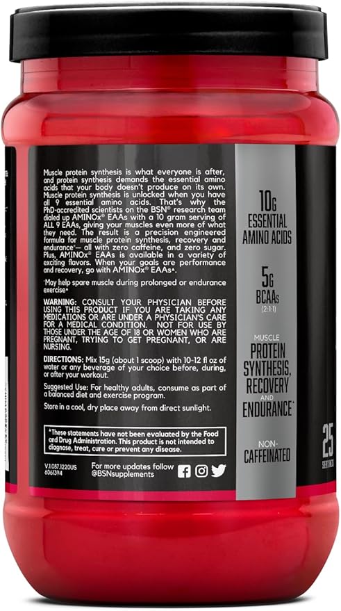 BSN Amino X EAAs Muscle Recovery &amp Endurance 10g Essential Amino Acids 5g BCAAs Zero Sugar Caffeine Free Strawberry Dragonfruit 13.2oz 25 Servings