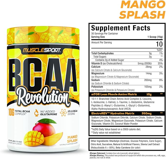 Musclesport BCAA Revolution Amino Acid Powder Supplement for Men &amp Women - Intra Workout Training Complex - Recovery Supplement (Mango Splash 30 Servings)