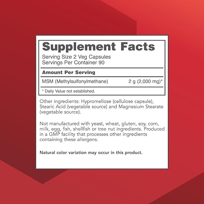 PROTOCOL FOR LIFE BALANCE MSM Bioavailable Sulfur - 1000mg - Supports Joint Health &amp Healthy Hair Skin &amp Nails* - Vegan &amp Non-GMO - 180 Veg Capsules