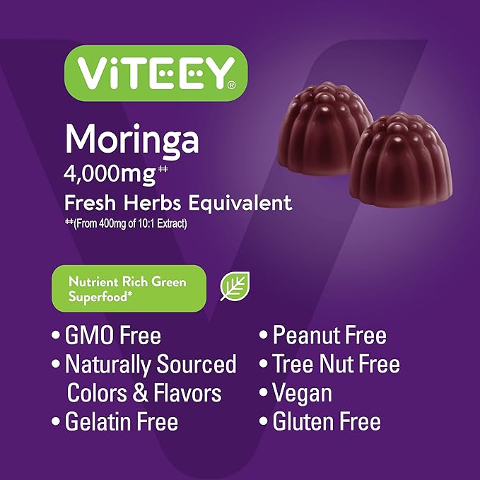 Viteey Moringa Gummies - 4000mg [from 400mg of 10:1 Extract] of Moringa Supplement Super Greens Gummies - Antioxidant Wellness and Digestive Support - Vegan Gluten Free - 120 Count