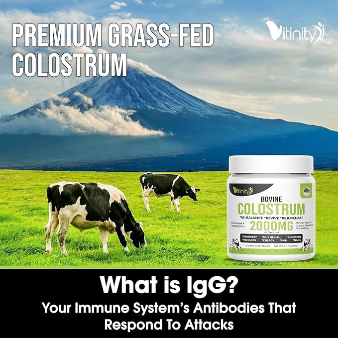 VITINITY Grass Fed Bovine Colostrum Powder for Humans - Natural IgG Colostrum Supplement for Gut Health Immune Support Muscle Recovery &amp Wellness | Pure Colostrum Superfood Unflavored (90 Grams