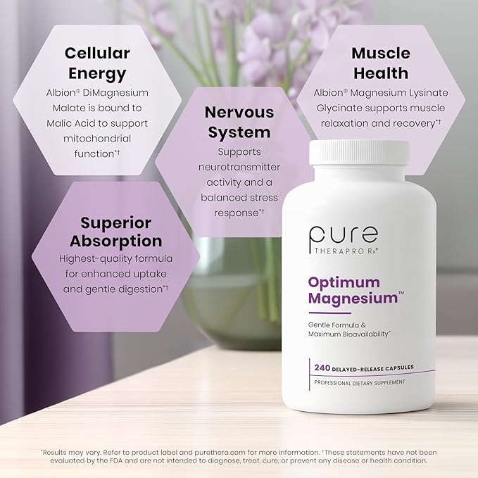 Pure TheraPro Rx Optimum Magnesium Lysinate Glycinate &amp Di-Magnesium Malate Made in USA | 4 Month Supply | Chelated for Maximum Absorption Supports Bone Health &amp Energy 240 Count