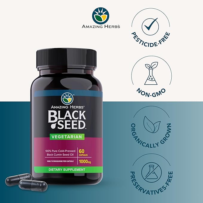 Amazing Herbs Black Seed Oil Capsules - Black Seed Oil Pills Black Cumin Seed Oil Capsules Cold Pressed Nigella Sativa Supplement Blackseed Oil Non GMO 100% Pure - 60 Vegetarian Capsules 1000 mg