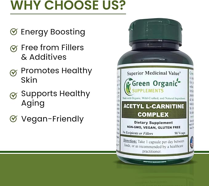 Green Organic Supplements Acetyl L-Carnitine Carnitine ALC High Absorbable Non-GMO Gluten-Free (Pack of 5)