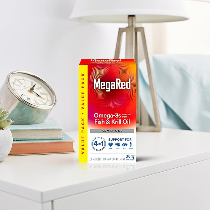 Megared Omega-3 Fish Oil + High Absorption Krill Oil 500mg Softgels MegaRed Advanced 4in1 (80 count in a bottle) Concentrated Omega-3 Fish &amp Krill Oil Supplement
