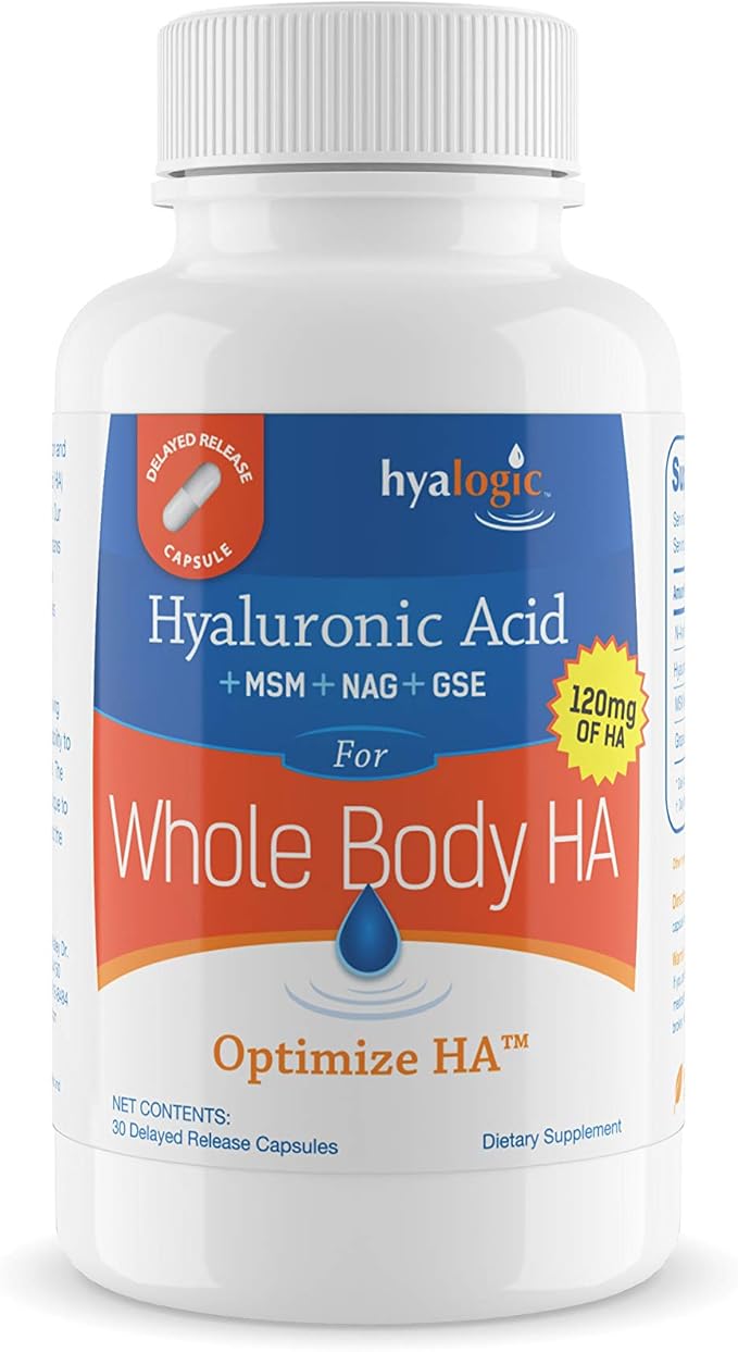 Hyalogic Hyaluronic Acid 120 mg Delayed Release Capsules | Combo Formula w/Glucosamine MSM | Support Healthy Joints Eyes and Skin and Overall Body | Promote Healthy Skin | Non-GMO (30 Count)