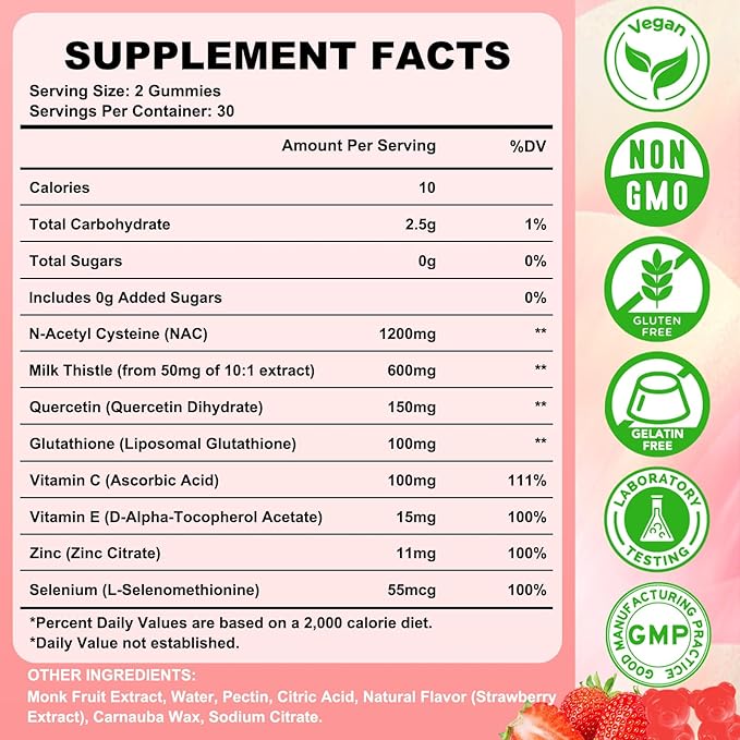 NAC Gummies N Acetyl Cysteine Supplement for Adults and Kids NAC Chewable Support Liver Health Antioxidants &amp Immune System Sugar-Free Strawberry Flavor 120 Count