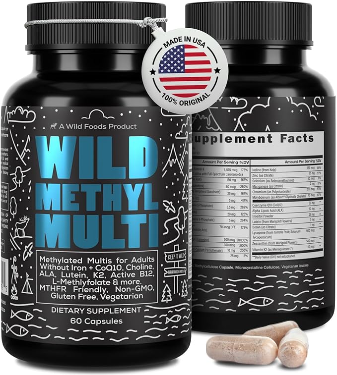 Wild Methylated Multivitamin for Women &amp Men | Daily Multi Vitamin | MTHFR Supplement Without Iron | Methylated B12 Folate Vitamin C A K2 D E Choline Biotin ALA CoQ10 &amp More (60 Caps
