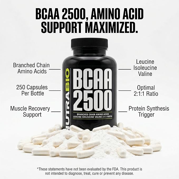NutraBio – BCAA 2500 – Branched Chain Amino Acids – Support New Muscle Growth and Prevent Muscle Breakdown – 250 Capsules