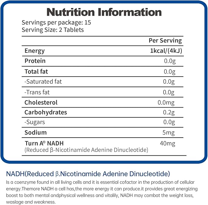 CELFULL NADH Supplement 40mg Enchance NMN Alternative NAD+ Supplement for Immune Support Anti-Aging Boost Brain Cognition &amp Chronic Fatigue Supplements (Deep Blue 30 Tablets)