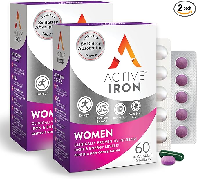 Active Iron Supplement 25mg + Multivitamin for Women Clinically Proven to Increase Iron &amp Energy Levels Maximum Absorption Gentle Non-Constipating 60 Capsules + 60 Tablets in On-the-Go Foil P