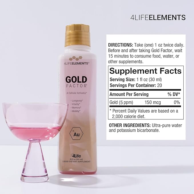4LifeElements - Gold Factor Cellular Activator with Ultra-Fine Gold Particles for Vitality DNA &amp Telomere Support Brain Clarity - 32 oz
