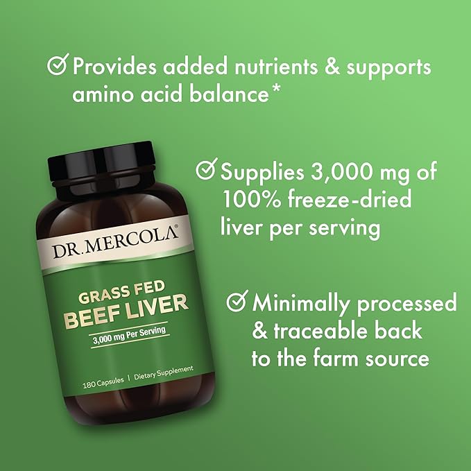 Dr. Mercola Grass Fed Beef Liver - Nutrient-Dense Organ Supplement - Freeze-Dried &amp Minimally Processed - 3000 mg - Non-GMO - Gluten-Free - 180 Capsules