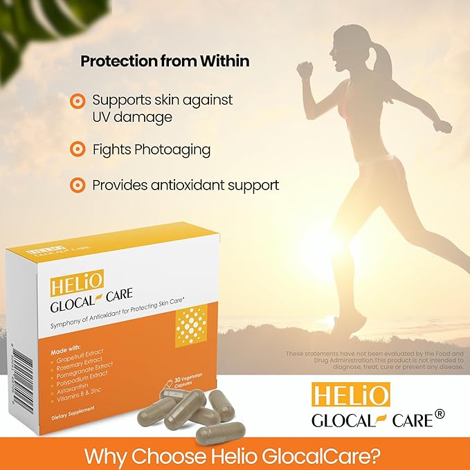 GlocalCare Helio Antioxidant-Rich Sun Defense &amp Skin Rejuvenation Supplement with Polypodium Nutroxsun Astaxanthin &amp Pomegranate Extract - Fights Photoaging &amp Oxidative Stress - 30 Capsu