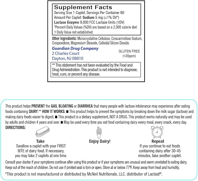 guardian Dairy Relief Fast Acting Caplets 9000 FCC Lactose Intolerance Pills Lactase Enzyme (360CT (Bottles))