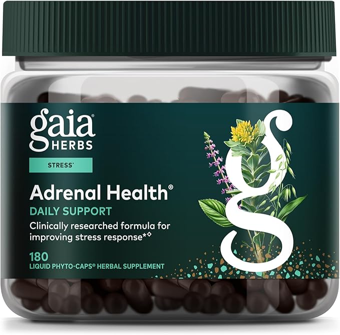 Gaia Herbs Adrenal Health Daily Support - Herbal Supplement with Ashwagandha Holy Basil &amp Schisandra - Help Maintain Healthy Energy &amp Stress Levels* - 180 Vegan Liquid Phyto-Caps (90 Servings