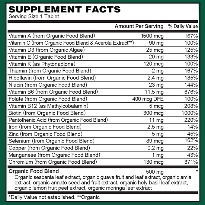 PlantFusion Organic Multivitamin for Women with Iron One Daily Vegan Multivitamin with Plant Based B12 D3 &amp Whole Food Blend for Energy &amp Immune Support - 30 Tablets (1 Month Supply)