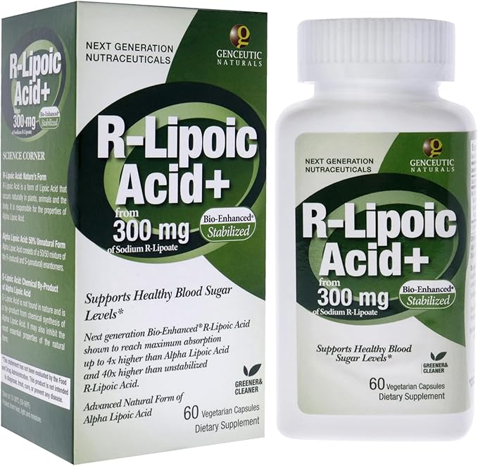Genceutic Naturals R-Lipoic Acid Dietary Supplement | Vegetarian | Vegan | Gluten Free | Non GMO | 300mg (60 Capsules) | Single Count