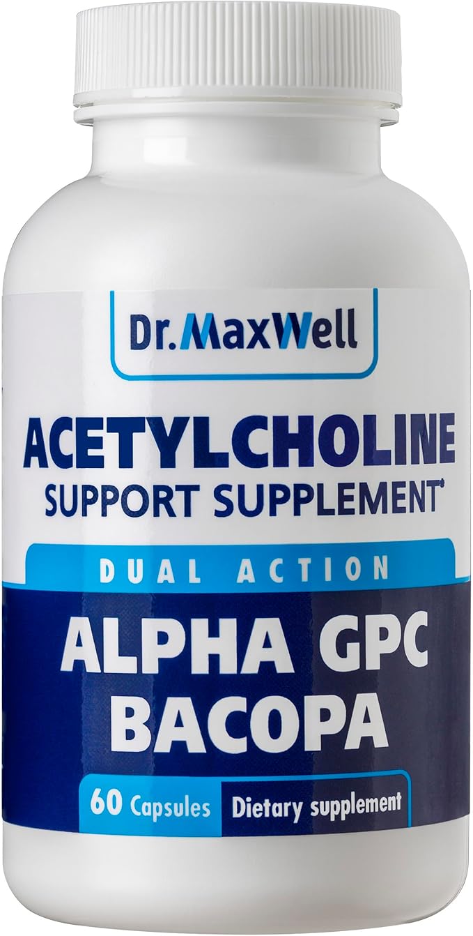 Dr. Maxwell Acetylcholine Alpha GPC Choline 600mg + Bacopa Better Than Each Alone. More Reliable Acetylcholine (Supports Memory &amp Learning) Supplement 60 Capsules