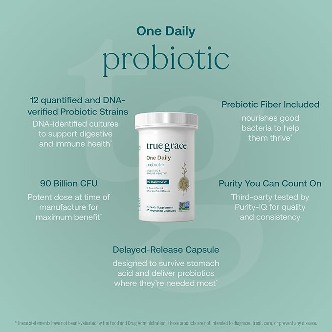 True Grace One Daily Probiotic - 60 Vegetarian Capsules - 90 Billion CFU - Gut Digestive &amp Immune Health Support Blend with Prebiotic Fiber - Gluten &amp Soy Free - 60 Servings