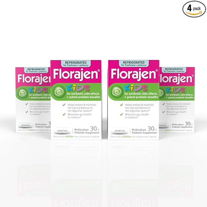 Florajen Kids Probiotics Daily Gut Health &amp Immune Support Supplement Constipation and Bloating Relief 120 Capsules (Refrigerated)