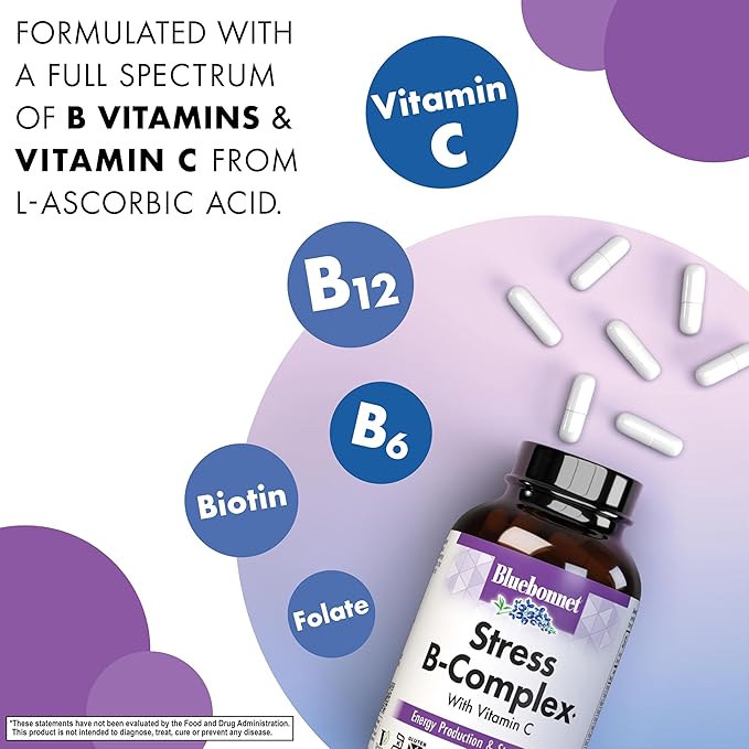 Bluebonnet Nutrition Stress Relief B Complex Vegetable Capsules Vitamin B6 B12 Biotin Folate Vegan Gluten &amp Soy &amp Milk Free Kosher Unflavored 100 Count