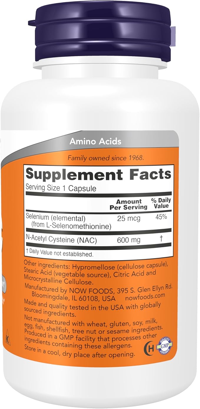 NOW Supplements NAC (N-Acetyl Cysteine) 600 mg with Selenium 100 Capsules