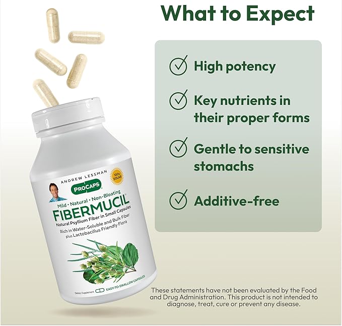 ANDREW LESSMAN Fibermucil 180 Capsules -Psyllium Husk Powder. Gently Promotes Regularity and Digestive Health. Rich in Fiber. Gentle Easy Effective. No Additives. Small Easy to Swallow Capsules