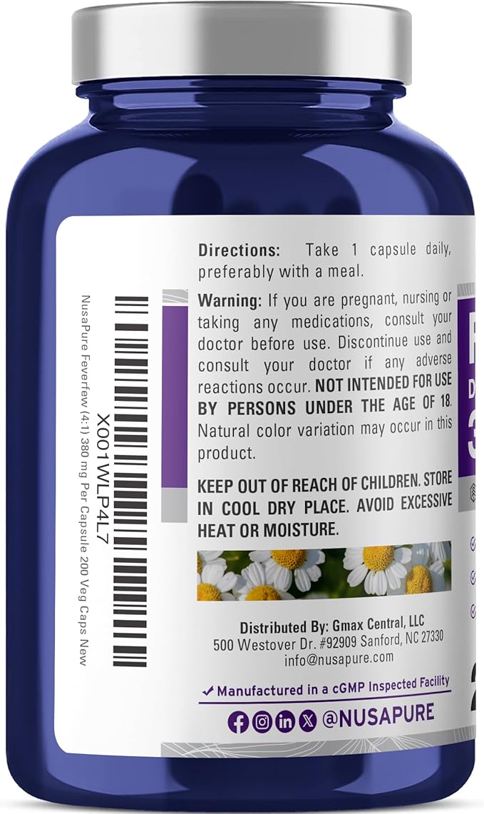 NusaPure Feverfew Capsules 380 mg 200 Veg Capsules (Non-GMO Gluten Free)