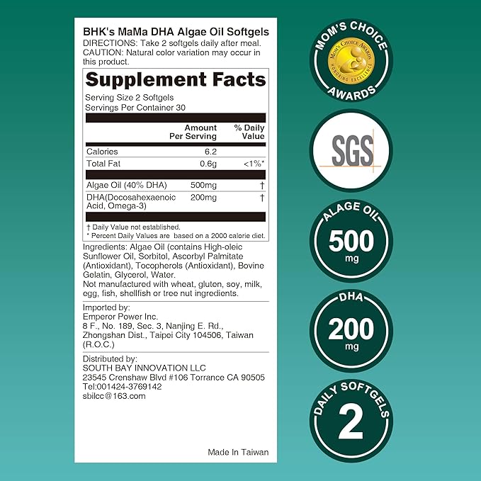 BHK's Prenatal Algae Oil DHA - 200mg Patented Life’sDHA for Expecting &amp Nursing Mothers - Supports Baby’s Brain Vision &amp Nervous System Development 60 Softgels