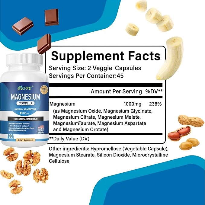Magnesium Complex Supplement - 1000mg with 8 Magnesium Forms: Glycinate Citrate Malate Taurate &amp Orotate - Supports Muscle Function Bone Strength &amp Relaxation - Vegan Non-GMO - 180 Capsul