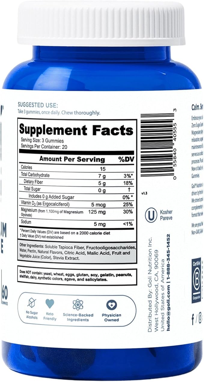 Goli Zero Sugar Magnesium Gummies - 125mg Magnesium Citrate with Vitamin D 60 Count Each (3 Pack 180 Total) - No Artificial Sweeteners No Sugar Alcohols - Vegan Keto-Friendly Gluten-Free