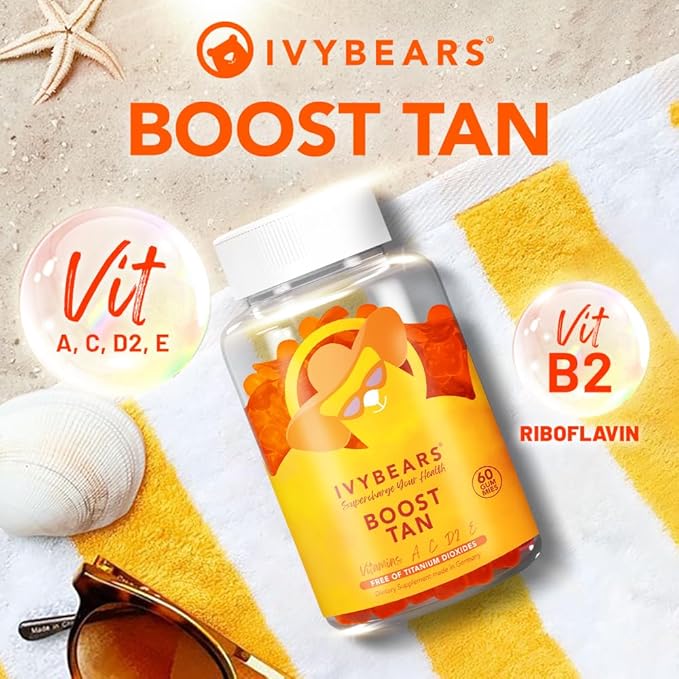 IvyBears Glow Tanning Gummies - Beta Carotene Vitamin A C D2 &amp E - [AI Tanning Specialist ADA] Supports Healthy Tan &amp Glow - Vegan &amp Made in Germany - Pack of 60 - Boost Tan