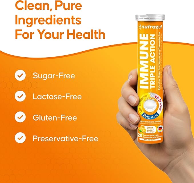 nutrazul Immune Triple Action Effervescent Tablets with Vitamin C 1000mg Vitamin D Zinc Support Daily Routine Gluten-Free Sugar-Free Lactose-Free Orange Flavor 20 Tablets (Pack of 3)