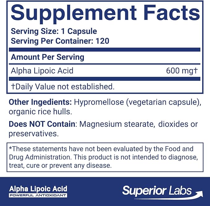 Superior Labs Alpha Lipoic Acid 600 mg Capsules Pure Non-GMO ALA High Absorption Nerve Support Healthy Circulation and Nerve Response Healthy Aging Antioxidant 120 Veg Caps 4-Month Supply