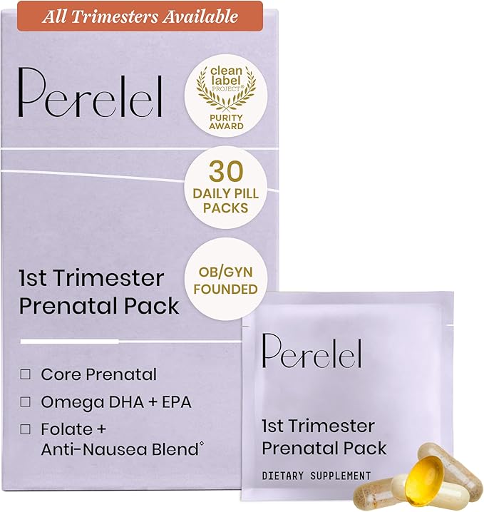 Perelel 1st Trimester Prenatal Pack Multivitamin with Folate Vitamin D Omega 3 Iron &amp Ginger Nutritional Support for Early Pregnancy Soy &amp Gluten Free Non GMO 30 Daily Pill Packs