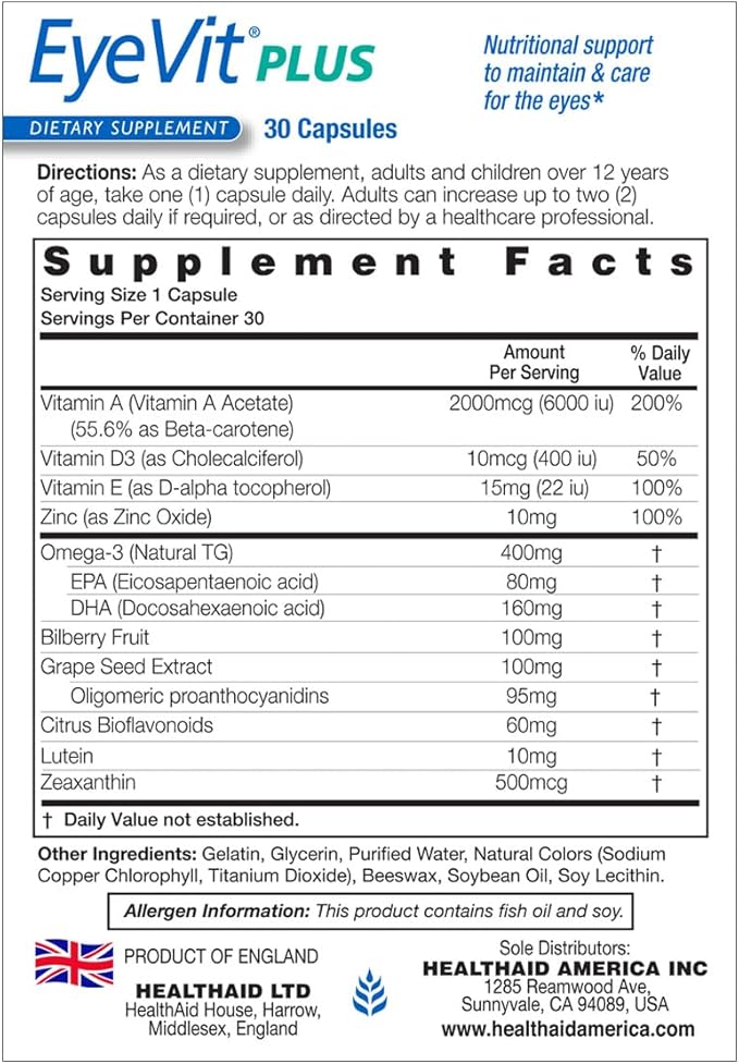 EyeVit Plus – Once-Daily Eye Health Supplement | 30 Capsules | Contains Omega-3 Lutein Beta-Carotene Zeaxanthin Bioflavonoids &amp Bilberry
