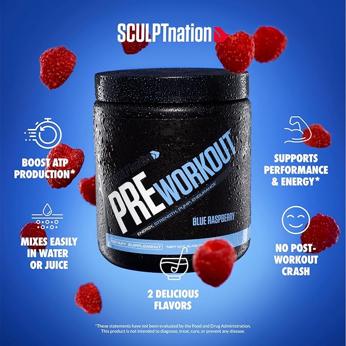 Sculpt Nation by V Shred PreWorkout - Premium Pre Workout Powder with Amino Acids for Ultimate Performance Endurance and Energy Support Blue Raspberry - 30 Servings