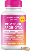 Pink Stork Cortisol Probiotic for Women – Mood and Adrenal Support Supplement – Ashwagandha Lemon Balm Chamomile 25 Billion CFU – Gut Health Energy Focus – Lower Cortisol – 30 Capsules