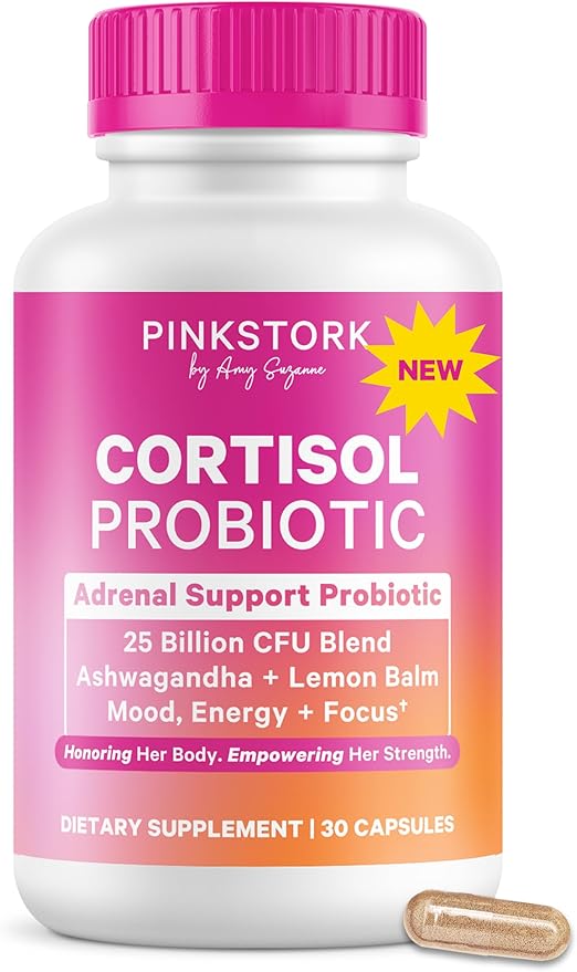 Pink Stork Cortisol Probiotic for Women – Mood and Adrenal Support Supplement – Ashwagandha Lemon Balm Chamomile 25 Billion CFU – Gut Health Energy Focus – Lower Cortisol – 30 Capsules