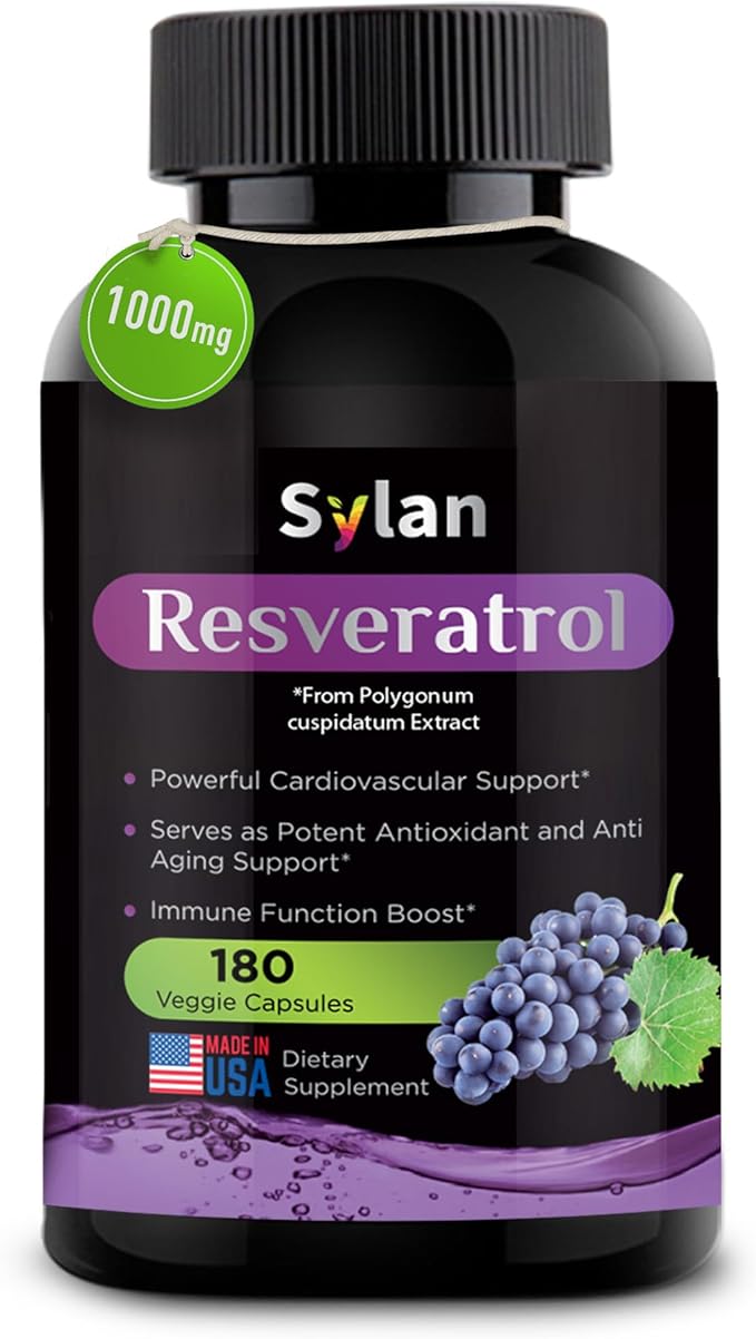 SYLAN Resveratrol Supplement 1000mg 180 Veggie Capsules Antioxidant Supports Heart Joint Brain Immune Health &amp Anti-Aging Non-GMO Made in USA Resveratrol 500mg Powder per Capsul