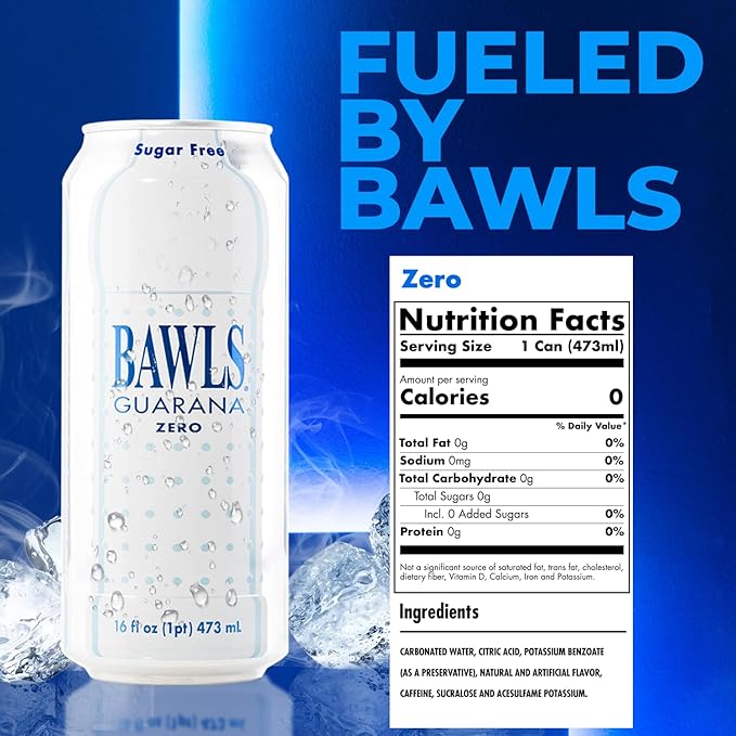 BAWLS Guarana Zero BAWLS Guarana Drink Guarana Soda Guarana Fueled Soda for Energy High Energy Caffeinated Drink 16oz 24 Pack Cans