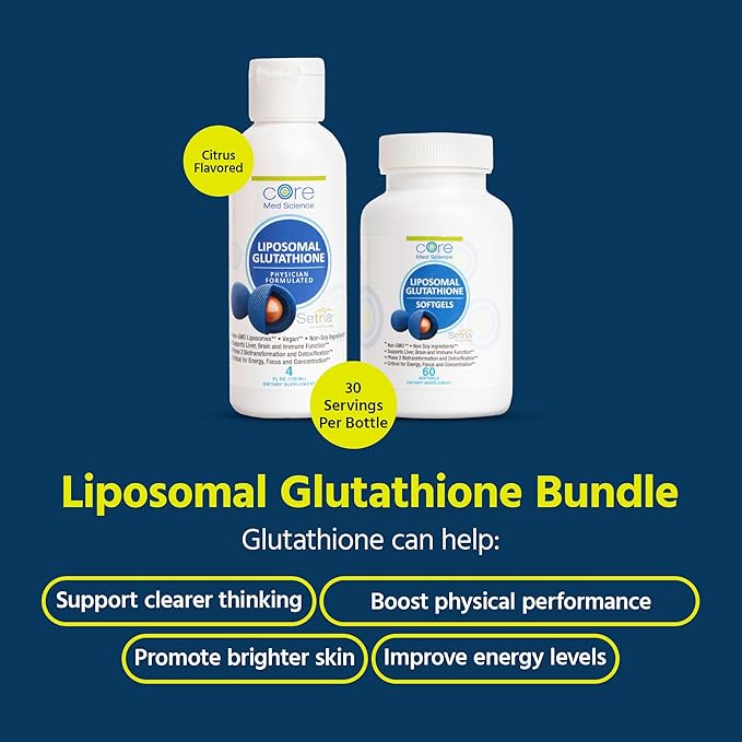 Core Med Science Liposomal Glutathione Soft Gels &amp Liquid Supplement Bundle for Energy Brain Health Skin &amp Liver Health