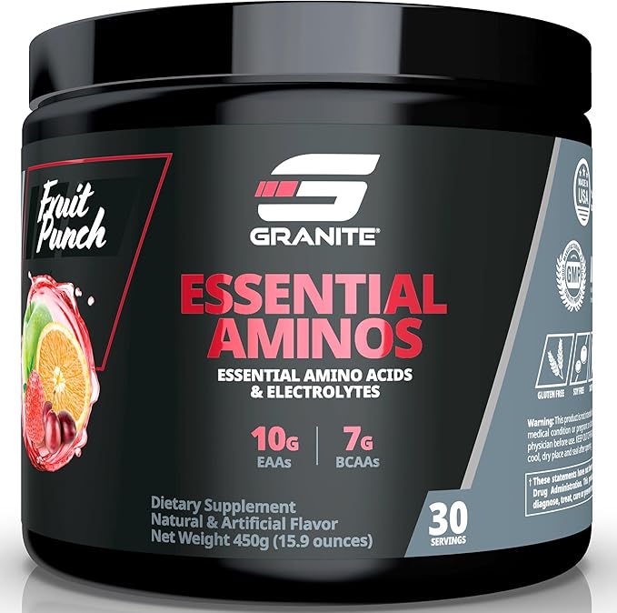 Granite Essential Amino Acids Powder for Muscle Recovery and Growth with 10g EAAs and 7g BCAAs - Soy-Free Gluten-Free 448g (30 Servings) Fruit Punch Flavor